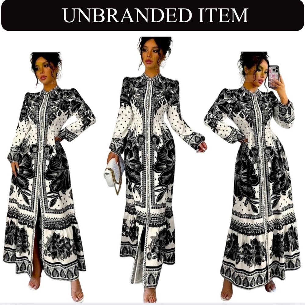 Elegant Floral Print, Stand Collar, Long Sleeve, A-Line Dress, NIP